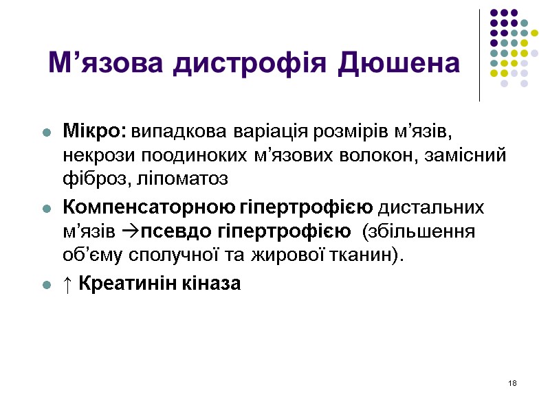 18 М’язова дистрофія Дюшена Мікро: випадкова варіація розмірів м’язів, некрози поодиноких м’язових волокон, замісний
